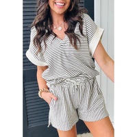 Black Stripe V Neck Tee and Casual Short Set - L