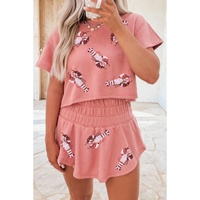 Blossom Sequin Crawfish Graphic Cropped Tee High Waist Skort 2pcs Outfit - L