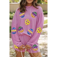 Phalaenopsis Easter Egg Patched Graphic Corded Long Sleeve Top Shorts Set - M