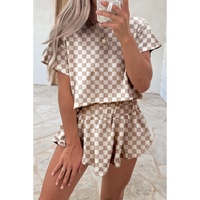 Brown Checkerboard T Shirt and High Waist Skorts 2 Piece Outfit - M