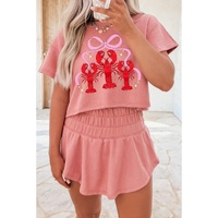 Blossom Bow Crawfish Print T Shirt and High Waist Ruffle Skorts Set - L
