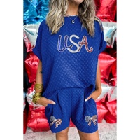 Sky Blue Sequined USA Bowknot Buttoned Back Textured Short Set - XL