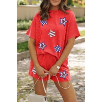 Orange Sequin USA Flag Star Graphic Corded T Shirt and Shorts Set - M