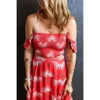 Red Floral Shirred Off Shoulder Crop Top and Slit Maxi Skirt Set - S