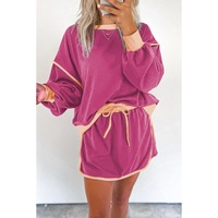 Rose Red Color Contrast Loose Pullover and Lace-up Waist Skort Set - S