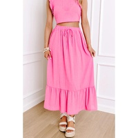 Bonbon Textured Ruffle Trim Crop Vest Lace-up Long Skirt Set - M