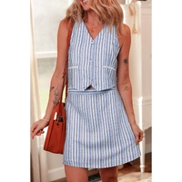 Sky Blue Stripe Buttoned Office Waistcoat Mini Skirt Set - M