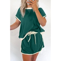 Evergreen Colorblock Edge Drop Shoulder T Shirt and Skirt 2Pcs Set - XL