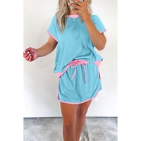 Turquoise Colorblock Edge Drop Shoulder T Shirt and Skirt 2Pcs Set - M