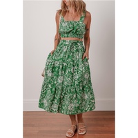 Green Floral Print Shirred Crop Top and High Waist Midi Skirt Set - XL
