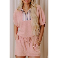 Light Pink Striped Collared Zip up Textured Skirt Set - M