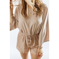 Azura Exchange Khaki Sequin Patchwork Drawstring High Waist Romper - L