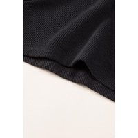 Black Brushed Ribbed Button Split V Neck Long Sleeve Romper - L