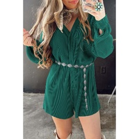Sea Green Ribbed Long Sleeve Button Front Romper - M