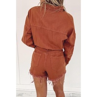 Gold Flame Long Sleeve Snap Buttons Distressed Denim Romper - L