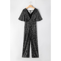Black Sequin V Neck Flutter Sleeve Wide Leg Jumpsuit - XL
