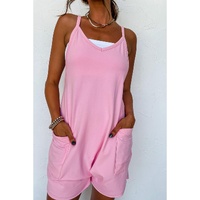 Pink Spaghetti Straps V Neck Jersey Romper - M