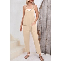 Apricot Side Pockets Harem Pants Sleeveless V Neck Jumpsuit - L