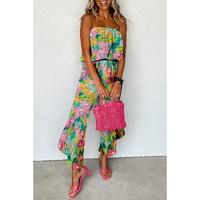 Green Mix Tropical Print Strapless Ruffled Jumpsuit - XL