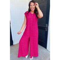 Bright Pink Terry Textured Sleeveless Button Front Wide Leg Jumpsuit - L