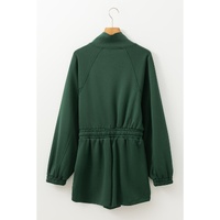 Blackish Green Collared Half Zip French Terry Knit Drawstring Casual Romper - S