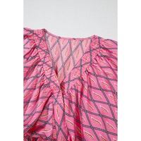 Pink Paisley Geometric Print V Neck High Waist Romper - L