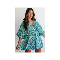 Green Abstract Print Puff Sleeve V Neck High Waist Romper - M