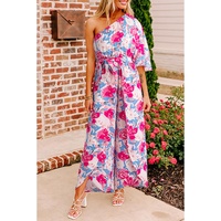 Pink Floral Print Asymmetrical Neckline Single Shoulder Drape Sleeve Belted Jumpsuit - L