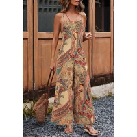 Red Paisley Printed Spaghetti Straps Elegant Wide Leg Jumpsuit - L