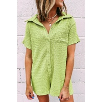 Meadow Mist Green Textured Short Sleeve Patched Pocket Buttoned Shirt Romper - L
