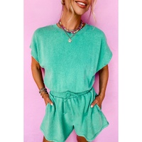 Sea Green Mineral Wash Drawstring Waist Hollow Out Back Short Sleeve Romper - L