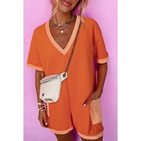 Russet Orange Two-tone Short Sleeve V Neck Patched Pocket Loose Romper - L