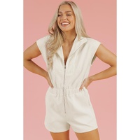 Jet Stream Textured Zipped Front V Neck Collared Casual Romper - L