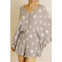 Gray Star Print Crinkle Textured Kimono Ruffle Sleeve Romper - S