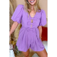 Wisteria Bow Decor Front V Neck Puff Sleeve Romper - L