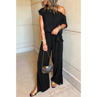 Black Checkered Mesh One Shoulder Short Sleeve Knotted Waist Jumpsuit - S