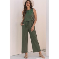 Vineyard Green Buttoned Drawstring Waist Sleeveless Wide Leg Jumpsuit - L