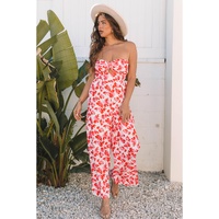 Pink Floral Print Twisted Bandeau Keyhole Pleated Wide Leg Jumpsuit - L