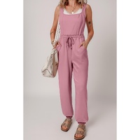 Light Pink Lace-up Elastic Waist Sleeveless Square Neck Jumpsuit - L