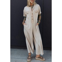 Beige Half Placket Chest Pockets Short Sleeve Wide Leg Jumpsuit - L