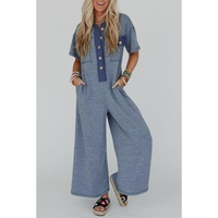 Beau Blue Half Placket Chest Pockets Short Sleeve Wide Leg Jumpsuit - XL