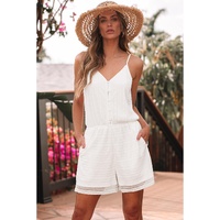 White Lace Spaghetti Strap V Neck Loose Fit Romper - L