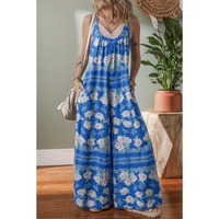 Blue Floral Print Wide Leg Sleeveless Jumpsuit - S