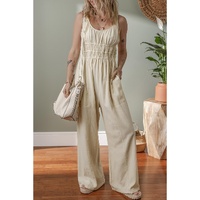 Beige Ruched High Waist Sleeveless Wide Leg Jumpsuit - L