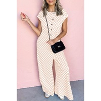 Apricot Checkered Print Buttoned Crew Neck Wide Leg Jumpsuit - L