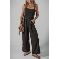Black Spaghetti Straps Shirred Bodice Pocketed Wide Leg Jumpsuit - M
