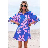 Blue Summer Flower Print Shirt Collar Button Front Loose Romper - S