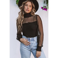 Black Sheer Dotty Long Sleeve Ribbed Velvet Bodysuit - S