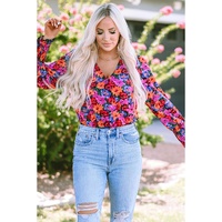 Floral Print Wrap V Neck Long Sleeve Bodysuit - L