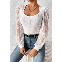 White Frenchy Contrast Lace Bishop Sleeve Bodysuit - M